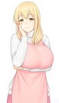 1girl apple apron blonde_hair blush breasts brown_eyes commentary commentary_request food fruit hand_on_own_face highres huge_breasts long_hair looking_at_viewer lvl_(sentrythe2310) mature raised_eyebrows ribbed_sweater simple_background smile solo sunohara_ayaka sunoharasou_no_kanrinin-san sweater white_background 