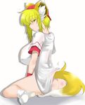  animal_humanoid bedroom_eyes big_breasts blonde_hair blush bottomless breasts butt canine clothed clothing erect_nipples female fox fox_humanoid fox_tail hair half-closed_eyes humanoid mammal nipples oikawasyu pose seductive sitting solo yellow_eyes 