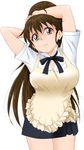  1girl apron arms_behind_head arms_up breasts brown_eyes brown_hair highres large_breasts long_hair looking_at_viewer ponytail smile solo standing taneshima_popura toshipiyo waitress working!! 