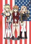  :d ;d absurdres american_flag blonde_hair blue_eyes boots breasts brown_hair charlotte_e_yeager cleavage commentary commentary_request crossover detached_sleeves fingerless_gloves flag_background garter_straps girls_und_panzer gloves grey_eyes grin headgear heart highres iowa_(kantai_collection) kantai_collection kay_(girls_und_panzer) keygift large_breasts leaning_forward long_hair looking_at_viewer miniskirt mismatched_legwear multiple_crossover multiple_girls one_eye_closed open_mouth panties short_shorts shorts skirt smile star star-shaped_pupils strike_witches symbol-shaped_pupils thighhighs thumbs_up trait_connection underwear white_legwear zettai_ryouiki 