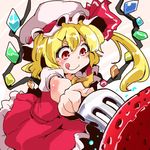  1girl ascot blonde_hair bow crystal flandre_scarlet food fork fruit hat hat_bow hat_ribbon mob_cap red_eyes ribbon shinapuu side_ponytail smile solo strawberry tongue tongue_out touhou wings 