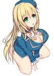  1girl :o atago_(kantai_collection) bangs bare_legs between_legs blonde_hair blue_hat blue_jacket blush bottomless breasts cleavage covered_nipples erect_nipples eyebrows eyebrows_visible_through_hair frilled_sleeves frills from_above full_body fur_trim green_eyes hair_between_eyes hand_between_legs hat highres jacket kantai_collection lace_trim large_breasts liu_lan long_hair long_sleeves looking_at_viewer no_bra no_legwear ribbon simple_background sitting solo very_long_hair white_background 