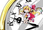  ascot blonde_hair clock closed_eyes crystal eyes_closed flandre_scarlet hat hat_ribbon highres mob_cap ribbon roman_numerals shinapuu side_ponytail simple_background solo struggling touhou white_background wings 