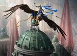  architecture armor atmospheric_perspective avian beak city cityscape cupola duo feathered_wings feathers feral gryphon holding_object holding_weapon human johannes_voss knight looking_away magic_the_gathering mammal melee_weapon official_art on_top on_top_of polearm riding saddle spear spread_wings standing weapon wings 