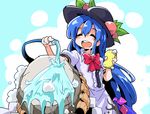  1girl ^_^ blue_hair closed_eyes eyes_closed food fruit hat hinanawi_tenshi hose keystone long_hair open_mouth peach round_teeth shinapuu smile solo sponge teeth touhou washing water 