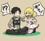  1boy 1girl bandage blonde_hair blue_eyes christa_renz eren_yeager jacket shingeki_no_kyojin skirt translation_request 