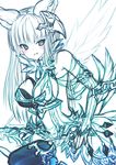  &gt;:d 1girl :3 :d animal_ears blue blue_eyes blush breasts bridal_gauntlets cat_ears cleavage dress feathered_wings female granblue_fantasy hair_ornament kabocha_usagi korwa long_hair monochrome open_mouth simple_background sketch smile solo spot_color thighhighs tsurime twitter_username white_background wings 