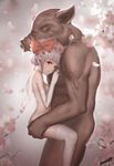  1girl cherry_blossoms elbow_gloves gloves hat hat_ribbon highres hk_(hk) looking_at_viewer mob_cap nude petals pig red_eyes remilia_scarlet ribbon silver_hair sweat thighhighs touhou white_gloves white_legwear 