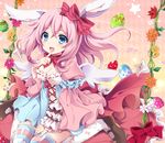  1girl angel_wings animal_ears arm_strap blue_dress blue_eyes breasts bunny_ears cleavage commentary dress easter_egg fang finger_to_mouth flower hair_ribbon happy_easter juliet_sleeves long_sleeves looking_at_viewer multicolored_dress open_mouth original pink_dress pink_hair puffy_sleeves ribbon sitting smile solo striped striped_legwear thighhighs thighs uguisu_mochi_(ykss35) wariza wide_sleeves wings 