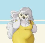  anthro avian badcactus beak bird black_beak black_eyes blue_background breasts chicken cleavage clothed clothing dress eyewear feathers female glasses hair overweight overweight_female silkie_chicken simple_background smile solo white_feathers white_hair yellow_dress 