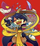  2boys albus_(skullgirls)_(cosplay) andy_anvil bespectacled black_hair blue_eyes eliza_(skullgirls)_(cosplay) glasses gloves grin horace_(skullgirls)_(cosplay) microphone multiple_boys open_mouth peacock_(skullgirls) red_eyes sharp_teeth short_hair skullgirls smile tommy_ten-tons 