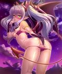  1girl ass back bare_legs bare_shoulders bat_wings bikini breasts bridal_gauntlets cloud demon_girl fangs female fingering kagami_hirotaka legs lilim_(taimanin_asagi_battle_arena) lilith-soft long_hair looking_at_viewer looking_back masturbation naughty_face night nipples partially_visible_vulva pussy_juice saliva shiny_skin sky small_breasts solo succubus sweat tail taimanin_asagi taimanin_asagi_battle_arena thong twintails underwear wings 