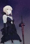  1girl black_gloves black_ribbon blonde_hair braid breasts choker cleavage dress fate/grand_order fate_(series) french_braid gloves gothic_lolita hair_ribbon highres lolita_fashion looking_at_viewer nesume night night_sky ribbon saber saber_alter sky solo star_(sky) starry_sky sword weapon yellow_eyes 