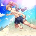  1boy cloud fire_emblem fire_emblem_if from_behind grey_hair hair_ribbon kozaki_yuusuke lens_flare long_ponytail looking_back male_focus official_art open_mouth over_shoulder palm_tree ponytail ribbon running sand sky smile solo takumi_(fire_emblem_if) tree 