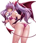  1girl ass back bare_legs bare_shoulders bat_wings bikini breasts bridal_gauntlets butt_crack demon_girl fangs female kagami_hirotaka legs lilim_(taimanin_asagi_battle_arena) lilith-soft long_hair looking_at_viewer looking_back partially_visible_vulva shiny_skin solo succubus tail taimanin_asagi taimanin_asagi_battle_arena thong twintails underwear wings 