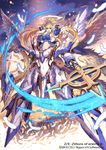  1girl 2d :d angel_wings blonde_hair blue_hair character_request copyright_name cross detached_sleeves feathers full_body groin hair_tubes hairband halo headgear long_hair looking_at_viewer mecha mecha_musume multiple_wings navel open_mouth original seraph shield smile solo wings z/x 
