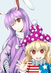  2girls alternate_costume american_flag_shirt animal_ears bandaged_arm blonde_hair blue_background blush bunny_ears clownpiece hat head_tilt highres japanese_clothes jester_cap long_hair long_sleeves looking_at_viewer multiple_girls one_eye_closed open_hand open_mouth purple_hair red_eyes reisen_udongein_inaba simple_background smile touhou turtleneck upper_body vermeith wide_sleeves 