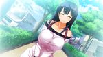  1girl bare_shoulders black_hair blush breasts car clouds collarbone dress eyes_closed game_cg happy highres kanzen_jikan_teishi large_breasts long_hair long_sleeves motor_vehicle outdoors satsuki_shiho sky smile solo standing tears trees uo_denim upper_body vehicle 