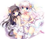  2girls animal_ears back bare_shoulders black_hair blue_eyes blush braid breasts cat_ears cat_tail commentary_request dress hair_ornament hair_ribbon hand_holding holding_hands large_breasts long_hair looking_back multiple_girls open_mouth original ribbon sasai_saji smile tail thighhighs twintails very_long_hair white_dress white_hair white_legwear x_hair_ornament 