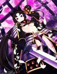  1girl absurdres armor black_hair blue_eyes breasts detached_sleeves fate/grand_order fate_(series) highres japanese_clothes long_hair ohshit solo sword underboob ushiwakamaru_(fate/grand_order) weapon 