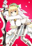  aa-rance ahoge belt blonde_hair blush bodysuit breasts covered_nipples erect_nipples fate/extra fate/extra_ccc fate_(series) flower full-length_zipper gloves green_eyes hair_flower hair_ornament holding holding_sword holding_weapon large_breasts leaning_forward lock looking_at_viewer padlock red_background saber_bride saber_extra simple_background smile solo sword veil weapon white_gloves zipper 