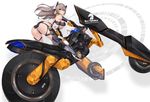  1girl 2d ass bare_shoulders black_gloves blush breasts cleavage gloves grey_hair headgear high_heels large_breasts leotard long_hair looking_at_viewer motor_vehicle motorcycle original red_eyes revealing_clothes riding_motorcycle science_fiction sideboob skin_tight smile solo underboob vehicle 