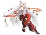  bow collared_shirt fire fujiwara_no_mokou full_body hair_bow highres homo_1121 long_hair long_sleeves looking_at_viewer ofuda panties red_bow shirt shoes simple_background suspenders touhou underwear very_long_hair white_background white_bow white_hair white_shirt 