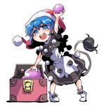  1girl blob blue_eyes blue_hair chest doremy_sweet dress hat nightcap open_mouth pom_pom_(clothes) shinapuu short_hair skirt smile solo tail touhou 