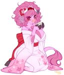  2016 anthro berry_moo beverage big_breasts blush bovine breasts cattle chest_tuft cleavage clothed clothing cup eyelashes female flower flower_in_hair food fur hair headband hooves horn japanese_clothing kimono kneeling long_hair looking_at_viewer mammal multicolored_fur pink_eyes pink_fur pink_hair plant pollo-chan smile solo tail_tuft tea tuft two_tone_fur 