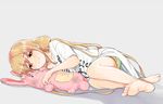  1girl barefoot blonde_hair blush feet futaba_anzu grey_background idolmaster idolmaster_cinderella_girls long_hair looking_at_viewer lying nesume on_side orange_eyes shirt short_sleeves simple_background solo stuffed_animal stuffed_bunny stuffed_toy t-shirt very_long_hair you_work_you_lose 