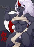  2016 abs anthro areola big_breasts black_nose breasts clothed clothing club_(weapon) english_text feline female fur grey_background grey_fur hair hi_res horn hybrid japanese_text loincloth long_hair looking_at_viewer mammal melee_weapon muscular muscular_female navel nightfaux one_eye_closed oni panther pubes red_eyes red_horn signature simple_background skimpy slit_pupis solo teeth text translation_request weapon white_fur white_hair wink 