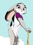  anthro baseball_bat bottomless clothed clothing disney female fur grey_fur grummancat hi_res judy_hopps lagomorph long_ears mammal outside pink_nose purple_eyes rabbit simple_background smile zootopia 