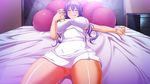  1girl bare_arms bare_legs bed beer blush breasts can censored cigarette clenched_teeth eyes_closed game_cg highres holding indoors izumi_kirika kanzen_jikan_teishi large_breasts legs long_hair lying mosaic_censoring mouth_hold nude on_back on_bed pillow purple_hair pussy sleeping smile smoking solo thighs towel uo_denim 