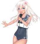  blonde_hair blue_eyes crop_top flower hair_flower hair_ornament highres kantai_collection long_hair microphone musical_note one-piece_tan open_mouth quaver ro-500_(kantai_collection) sailor_collar school_swimsuit shokora_momiji solo swimsuit swimsuit_under_clothes tan tanline 