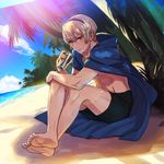  barefoot beach blonde_hair cape cup fire_emblem fire_emblem_if hand_on_own_knee headband holding holding_cup kozaki_yuusuke lens_flare leon_(fire_emblem_if) looking_at_viewer male_focus official_art palm_tree sand shade shirtless sitting sky sweat swim_trunks swimsuit tree 