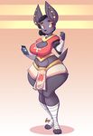  2016 anthro anubian_jackal arm_wraps big_breasts black_hair black_nose breasts canine cellphone cleavage clothed clothing ear_piercing female hair hi_res holding_object jackal jaeh leg_wraps mammal midriff phone piercing red_eyes short_hair smile solo wide_hips wraps 