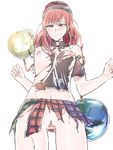  absurdres bar_censor blush breasts censored chain chains clothes_writing collar colored_pubic_hair earth_(ornament) from_below hat hecatia_lapislazuli highres looking_down midriff moon_(ornament) navel nipples nmbit plaid plaid_skirt pubic_hair pussy red_eyes red_hair shirt short_hair short_sleeves simple_background skirt solo sweat sweatdrop t-shirt torn_clothes torn_shirt torn_skirt touhou white_background 