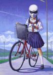  1girl artist_name bag bicycle condensation_trail helmet highres jeet kawasaki_raimu kneehighs long_hair looking_at_viewer low_twintails motorcycle_helmet original purple_hair rice_paddy school_bag school_uniform serafuku solo telephone_pole the_stig twintails 