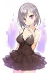  1girl black_dress breasts cleavage covered_nipples dress erect_nipples finger_to_mouth flower hair_flower hair_ornament looking_at_viewer minoa_(lastswallow) original purple_eyes red_eyes silver_hair sleeveless sleeveless_dress smile solo 