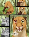  blue_eyes comic cougar dialogue digital_media_(artwork) duo english_text feline female feral green_eyes hi_res leopard male mammal outside red_eyes scar skan_drake text the_monster_within 
