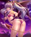  1girl ass back bare_legs bare_shoulders bat_wings bikini breasts bridal_gauntlets butt_crack demon_girl fangs female kagami_hirotaka legs lilim_(taimanin_asagi_battle_arena) lilith-soft long_hair looking_at_viewer looking_back night partially_visible_vulva shiny_skin sky small_breasts solo succubus tail taimanin_asagi taimanin_asagi_battle_arena thong twintails underwear wings 