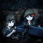  2girls :t artist_request black_hair blue_eyes brown_eyes brown_hair browning_m1917 gun helmet highres kill_la_kill m1_garand machine_gun mankanshoku_mako matoi_ryuuko military military_uniform multicolored_hair multiple_girls night red_hair rifle short_hair trench unbuttoned uniform weapon world_war_ii 