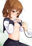  breasts brown_eyes brown_hair embarrassed flying_sweatdrops folded_ponytail haryuu_(poetto) highres inazuma_(kantai_collection) kantai_collection long_hair nipples school_uniform serafuku shirt_lift small_breasts solo_focus stethoscope 