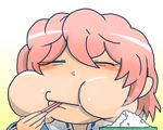  bad_id bad_pixiv_id banned_artist blush bowl chopsticks closed_eyes commentary_request eating food food_on_face happy okahi pink_hair puffy_cheeks rice rice_bowl rice_on_face saigyouji_yuyuko short_hair simple_background solo steam touhou 