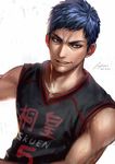  aomine_daiki blue_eyes blue_hair dark_skin dark_skinned_male kuroko_no_basuke lucha_cha male_focus smirk solo sportswear sweat 