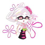  1girl artist_name character_doll detached_collar domino_mask earrings fang gloves hikimayu holding_doll hotaru_(splatoon) jewelry looking_down mask navel official_style patrick_star pink_eyes pointy_ears shorts simple_background splatoon spongebob_squarepants starfish tareme tentacle_hair white_background white_gloves white_hair 