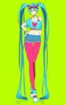  1girl absurdly_long_hair alpakappa aqua_eyes aqua_hair bra bracelet crop_top female full_body goggles goggles_on_head green_background hand_on_hip hatsune_miku heart highres jewelry legwear_under_shorts long_hair long_legs looking_at_viewer midriff navel pantyhose pink_legwear print_shirt short_shorts shorts simple_background sneakers solo standing twintails underwear very_long_hair vocaloid 