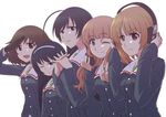  5girls ahoge akiyama_yukari bangs black_hair blunt_bangs brown_eyes brown_hair buttons commentary_request girls_und_panzer hands_clasped headband headphones interlocked_fingers isuzu_hana lineup long_hair long_sleeves looking_at_viewer messy_hair military military_uniform multiple_girls naka-san nishizumi_miho one_eye_closed open_mouth orange_eyes orange_hair pocket profile reizei_mako salute school_uniform short_hair simple_background sleepy smile takebe_saori uniform upper_body v white_background 