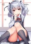 alternate_hairstyle arm_behind_head arm_up black_dress cosplay dress hair_ribbon head_tilt henet_hene kantai_collection kashima_(kantai_collection) kashima_(kantai_collection)_(cosplay) kasumi_(kantai_collection) knees_together_feet_apart long_sleeves looking_at_viewer open_mouth panties pantyshot pantyshot_(sitting) pinafore_dress pink_eyes remodel_(kantai_collection) ribbon school_uniform shirt silver_hair sitting solo star striped striped_panties twintails underwear wavy_mouth 