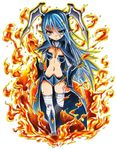  bandages blue_hair breasts brown_eyes cape cleavage fire full_body kaijuu kinkuri_(axsc8mjrt) long_hair looking_at_viewer midriff navel personification pointy_ears simple_background small_breasts solo standing stomach thighhighs ultra_kaijuu_gijinka_keikaku ultra_series very_long_hair white_background white_legwear zetton 